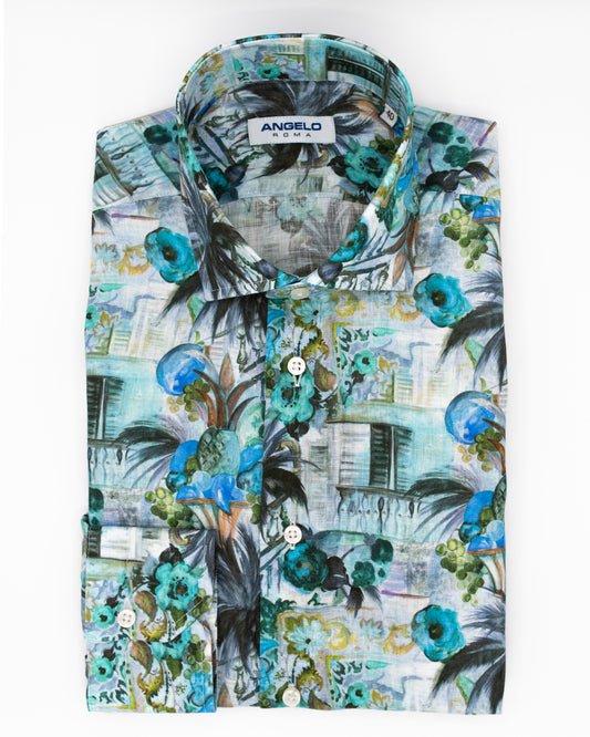 Regular fit shirt with pleats - French collar 100% printed linen