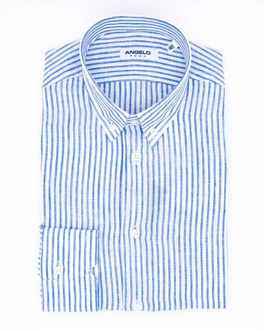 Regular fit shirt with pleats - button down collar 100% striped linen